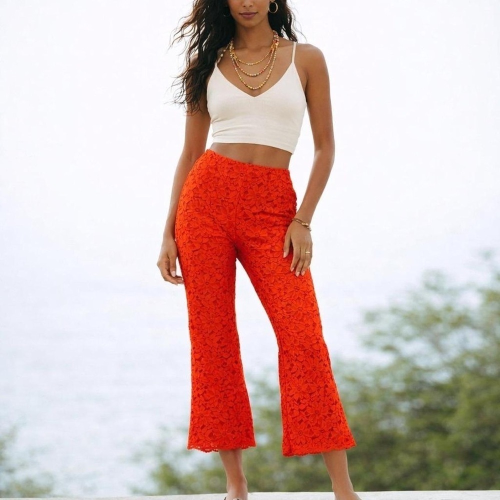 Free People Vibrant Burnt Orange Lace Flare Crop Pants
